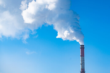 Smoke stack with smoke emission. Plant pipes pollute atmosphere. Industrial factory pollution, smokestack exhaust gases, Climate change