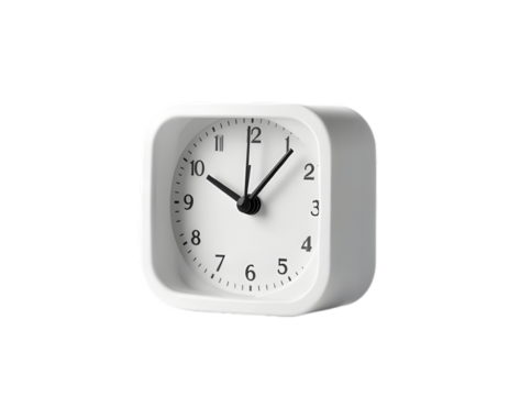 A white clock with black hands and numbers isolated on transparent background