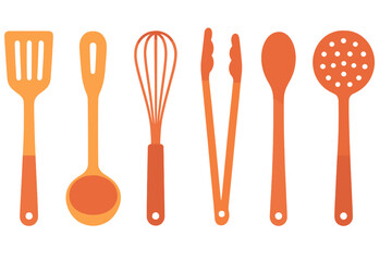 Set of essential kitchen cooking tools including spatula whisk ladle and tongs