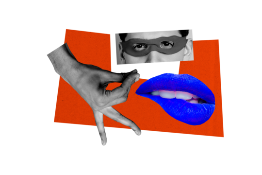 Composite artwork collage image picture of arm fingers teeth bite lips superhero eyes isolated on creative background
