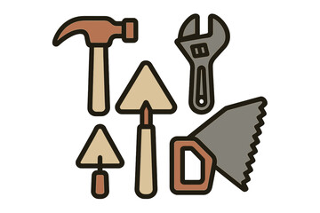 Construction and repair tools set including hammer, adjustable wrench, hand saw, and trowels