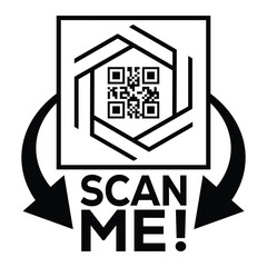 A bold, black and white vector graphic featuring a QR code centered in a square with targeting marks. Large arrows point to the text 