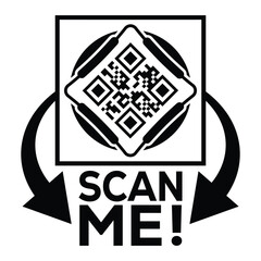 A bold, black and white vector graphic featuring a QR code centered in a square with targeting marks. Large arrows point to the text 