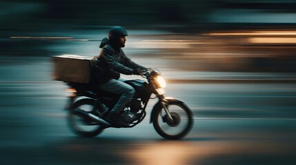 A delivery rider on a motorcycle speeds through a blurred urban street at night conveying a sense of urgency and motion