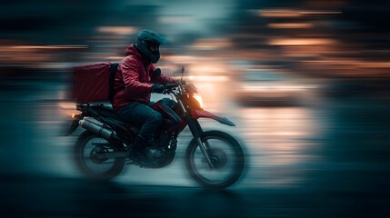 A delivery person in a red jacket speeds on a motorcycle through a dynamic motion blurred urban night with glowing lights in the background