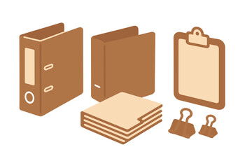 Brown isometric office supplies set featuring ring binders, folders, clipboard, and paper clips