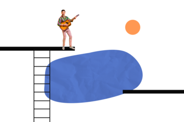 Composite photo collage of happy guy performer hold guitar concert melody song play ladder stage performance isolated on painted background