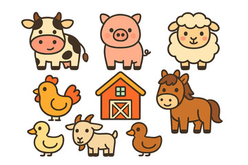 Cute cartoon farm animals set with cow pig sheep chicken horse goat and red barn