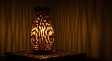 Warm glowing lantern with intricate woven design against a textured backdrop