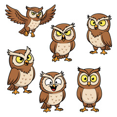 Fototapeta premium A collection of cartoon owls in various poses and expressions, including flying, standing, and showing different emotions.