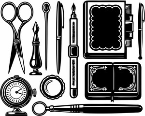 Vector illustration of antique stationery and craft tools arranged in catalog style — scissors, fountain pens, books, ink bottle, compass, and seal, isolated on white background.