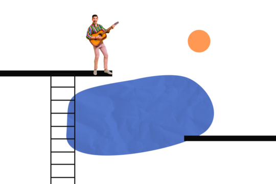 Composite photo collage of happy guy performer hold guitar concert melody song play ladder stage performance isolated on painted background