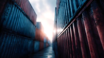 Naklejka premium Perspective view down a narrow aisle of weathered industrial shipping containers stacked high under dramatic hazy sunlight at a port
