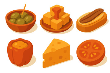 Isometric appetizer and snack food items including olives cheese and hot dog