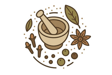 Herbal medicine preparation tools and cooking ingredients including mortar, pestle, star anise, cloves, and bay leaf
