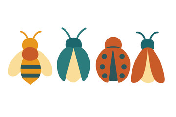 Stylized collection of four colorful insects including a bee and various beetles in flat modern design