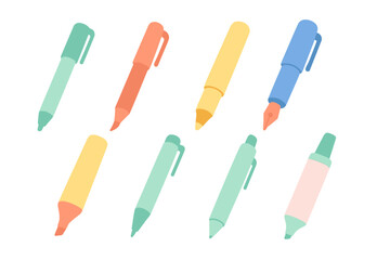 Colorful writing instruments set including markers highlighters and various pens isolated