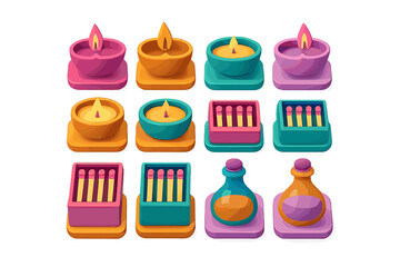Stylized 3D icons of oil lamps, matchboxes, and magic potion bottles collection