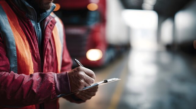 A worker in a high visibility vest writes on a clipboard in a logistics warehouse with trucks in the background