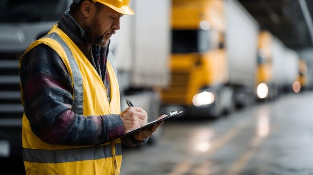 A professional worker in a safety vest and hard hat records information on a clipboard at a truck logistics hub