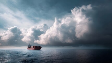 A large cargo ship sails across the vast ocean under a dramatic cloudy sky