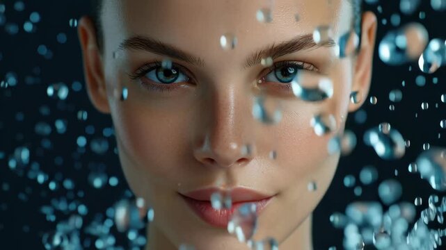 Collagen and supplement concept ,Young woman face with water splash, fresh skin and natural beauty, clear skin and blue eyes