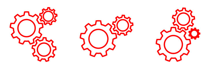 Red outline cogwheel combination showing connected gears in motion, minimalist vector stroke design on transparent background. Perfect for tech, system, and mechanical concepts.
