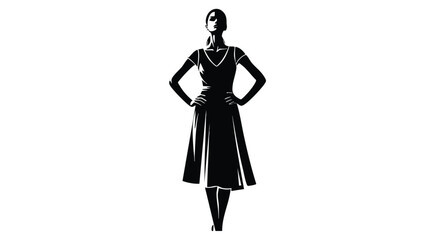 Elegant black and white illustration of a confident woman in a classic dress, striking a powerful pose, symbolizing grace, strength, and timeless style