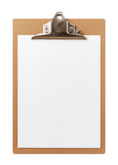 A wooden clipboard holding a single blank sheet of paper isolated