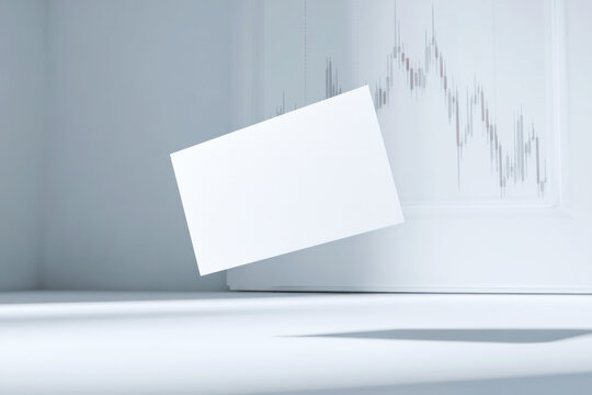 A blank white credit card mockup floating with a white background featuring stock graph graphics