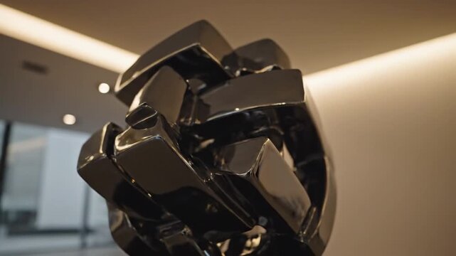 Polished black abstract sculpture showcases modern design with interlocking shapes, creating dynamic visual appeal in contemporary interior art space, emphasizing elegance and artistic expression