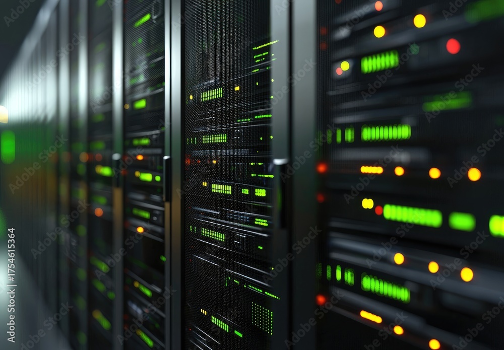 Wall mural futuristic it data center corridor with glowing green and orange server racks ideal for illustrating
