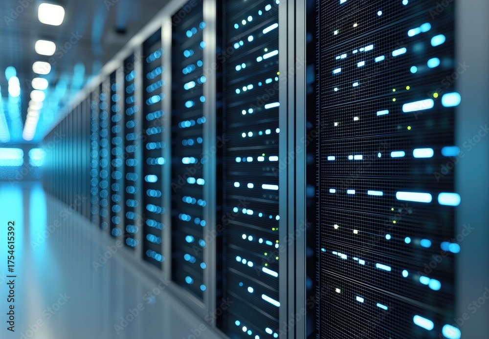 Wall mural modern it data center corridor with glowing blue server racks symbolizing advanced cloud technology,