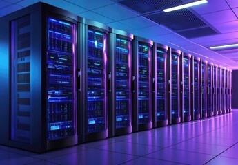 Fototapeta premium Modern IT data center interior with rows of glowing blue and purple server racks, ideal for AI cloud infrastructure, cybersecurity, and high-performance computing concepts