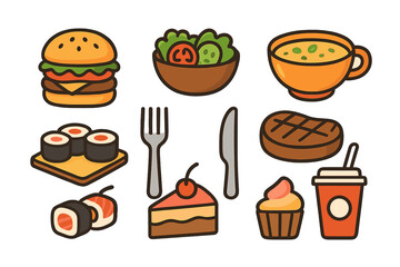 Set of dining and food icons including hamburger, salad, soup, sushi, steak, and cake