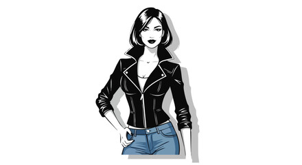 Illustration of a stylish woman in a black leather jacket and blue jeans, confidently posing against a white background