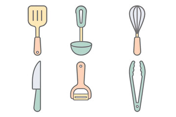 Essential kitchen utensils set including spatula whisk ladle knife and peeler in pastel colors