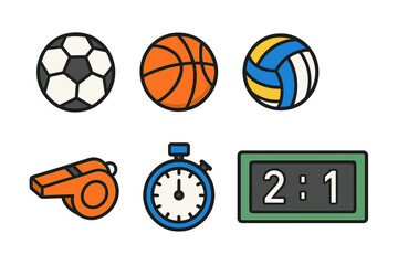 Sports equipment collection with balls, whistle, stopwatch, and scoreboard symbols