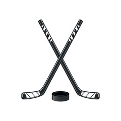 Crossed Ice Hockey Sticks and Puck Icon Isolated Black and White Vector Graphic