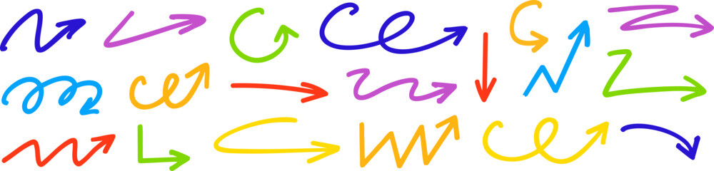 Set of colorful hand-drawn arrows in various shapes and directions on a transparent background. Vector doodle elements for notes, highlights, and creative design projects
