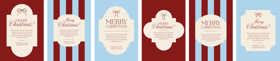 Set of minimalist Merry Christmas cards in red, beige, and light blue tones. Elegant vintage-style layouts with bows, festive text, and classic typography