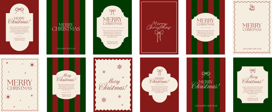 Collection of elegant Christmas greeting cards in a classic red, green, and beige palette. Minimalist festive typography, bows, snowflakes, and traditional holiday motifs