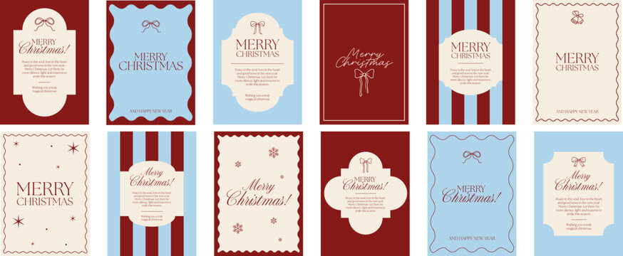 Minimalist collection of Christmas greeting cards in red, beige, and pastel blue tones. Elegant typography with bows, snowflakes, and festive quotes in vintage style.