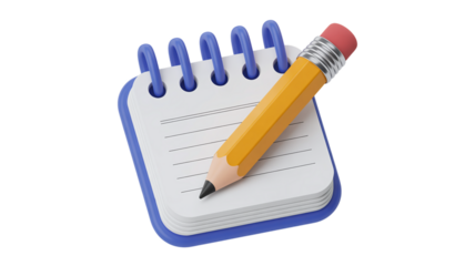 3d rendered yellow pencil writing on a white spiral notebook icon symbolizing ideas creativity and learning isolated on black