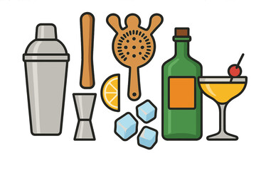 Essential bar tools and ingredients for mixing cocktails including shaker, jigger, strainer, and liquor bottle