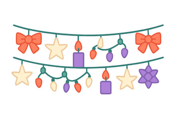 Festive holiday garland decoration featuring colorful string lights, bows, stars, and burning candles