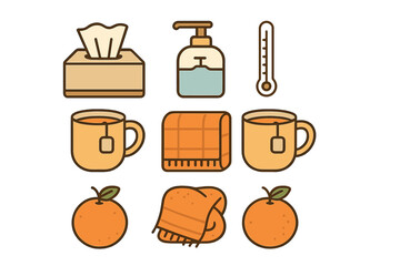 Essential items for managing cold and flu symptoms such as hot tea, tissue box, blanket, and thermometer