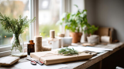 Brown kraft-wrapped present tied with natural twine and an evergreen sprig on a rustic wooden table by a bright window, surrounded by wrapping supplies for a cozy holiday diy scene