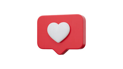3d rendered social media notification icon featuring a white heart inside a red speech bubble symbolizing likes and engagement for online platforms
