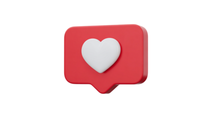 3d rendered social media notification icon featuring a white heart inside a red speech bubble symbolizing likes and engagement for online platforms